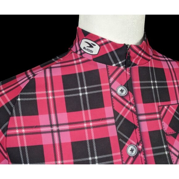 Sugoi Lumber Jane Pink And Black Plaid Cycling Jersey With Pockets Size Small - Picture 4 of 16